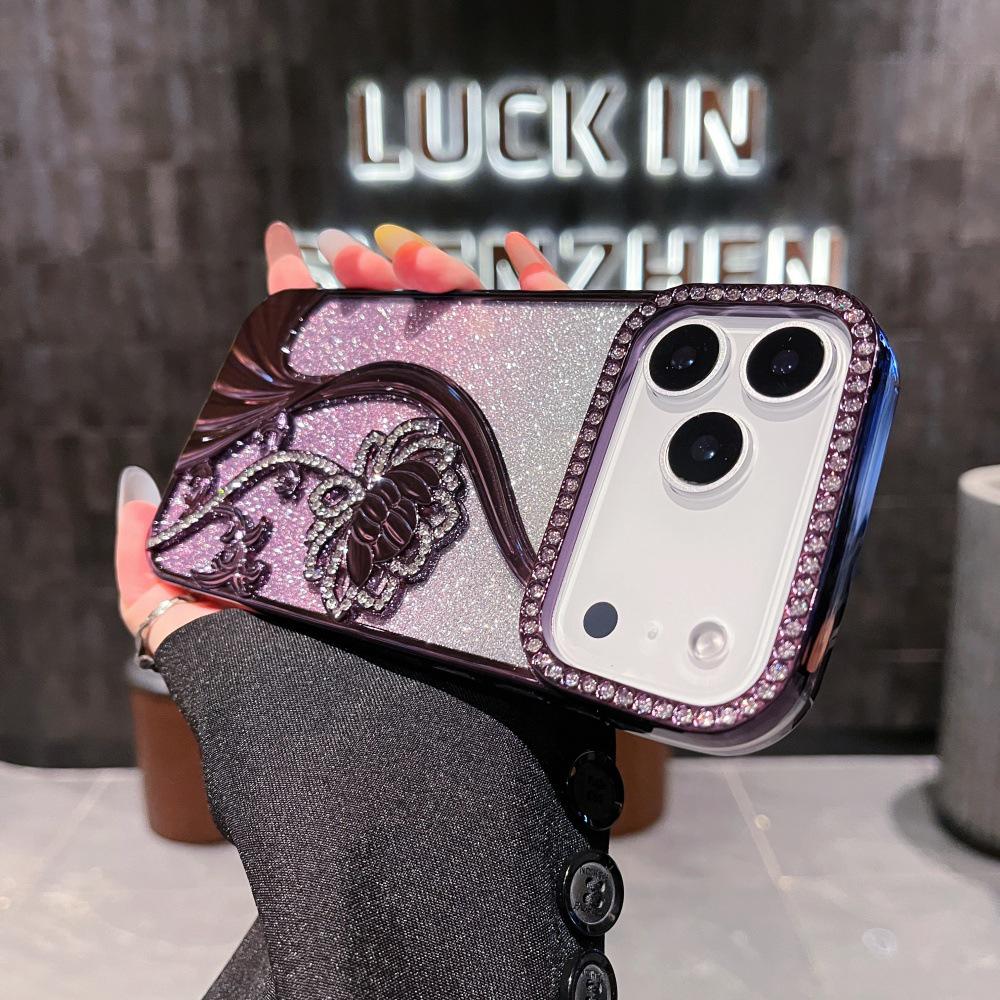 TPU Electroplated Rhinestone Floral Vine Glitter Gradient Apple Phone Case for iPhone 16 Pro Max/15/14