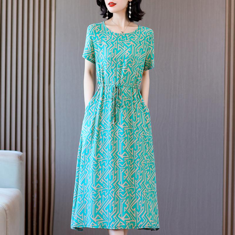 Elegant Dresses for Women  New Casual Vintage Print Long Dress Summer Short Sleeve Korean Style Female Clothing