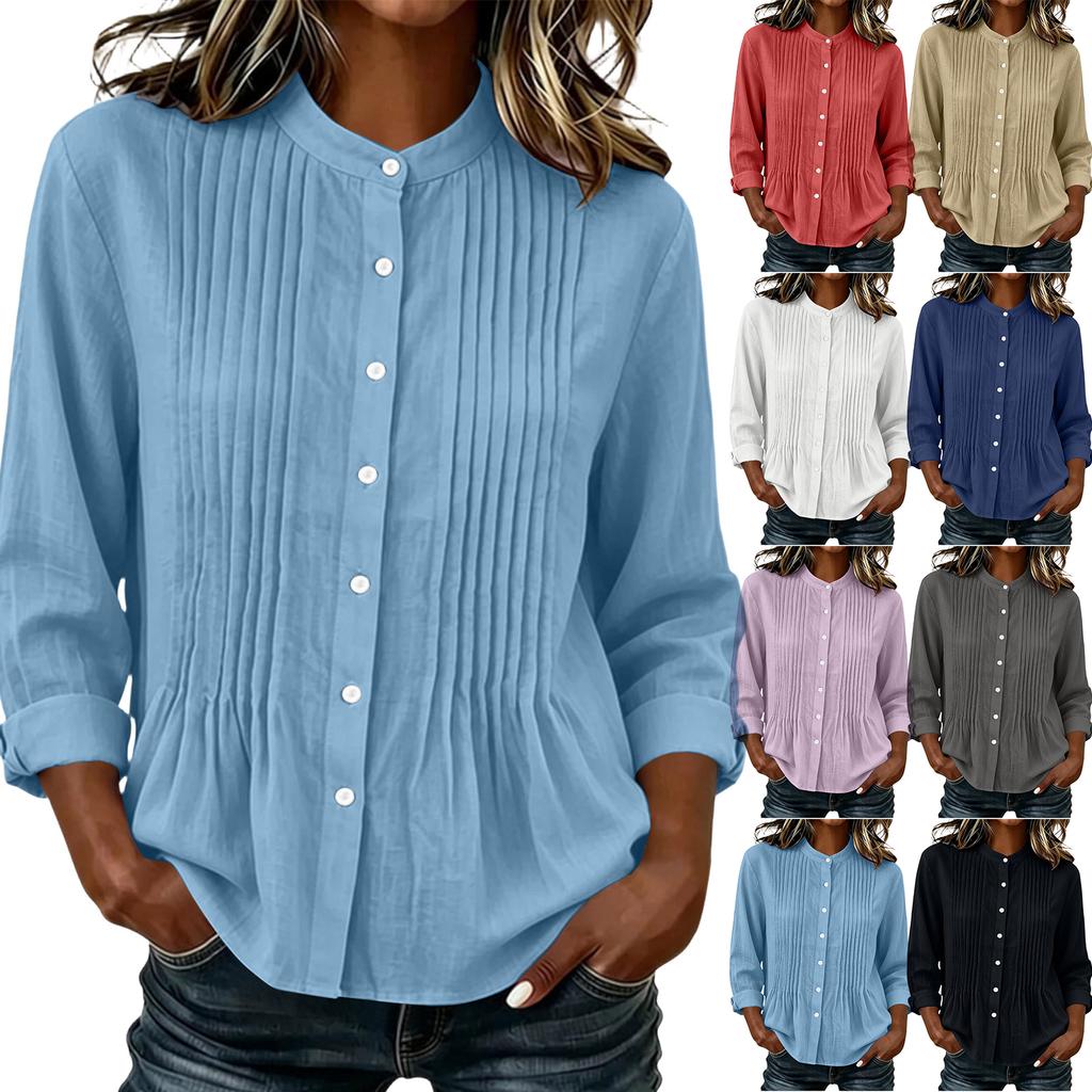 Women's Casual Long Sleeve Pleated Button Down Blouse