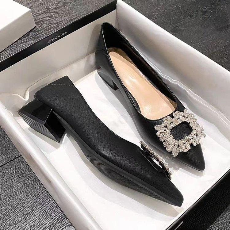 Rhinestone Soft-faced Square Buckle High Heels 2025 Summer New French Single Shoes Pointed Black Professional Commuter Leather Shoes Women