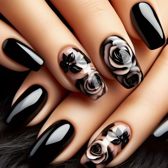 24 Pieces Wearable Nail Patch Nail Art Wearable Nail Medium Length Black Rose False Nail Extension Removable Nail *4pcs