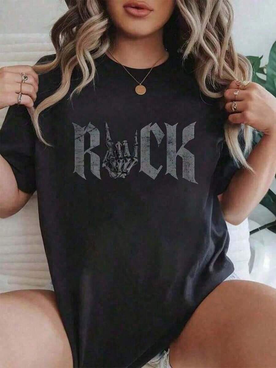 Graphic-Shirt Cotton Tees Size Plus% CottonRock On Skeleton Hand Rock And Roll Rock Music Band S разноцветный