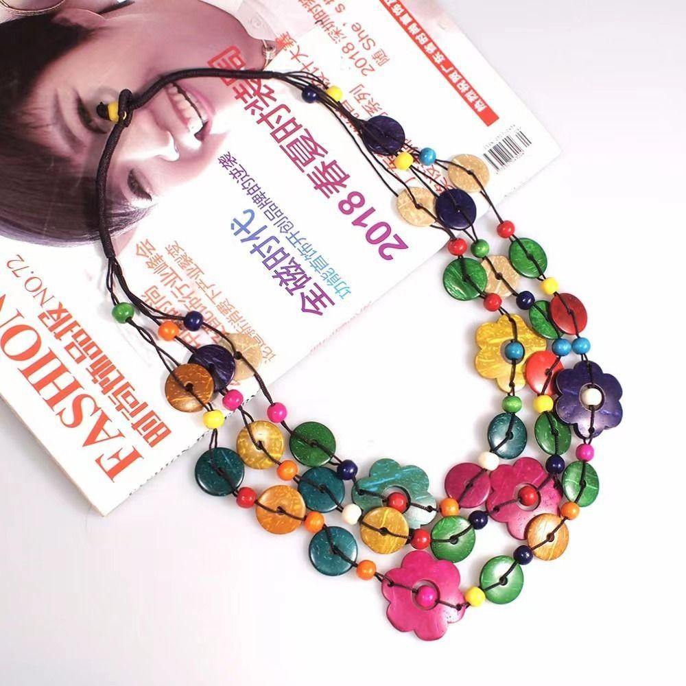 Wood Tassel Colorful Petal Bead Necklace Multi Layer Choker Flower Necklace Women