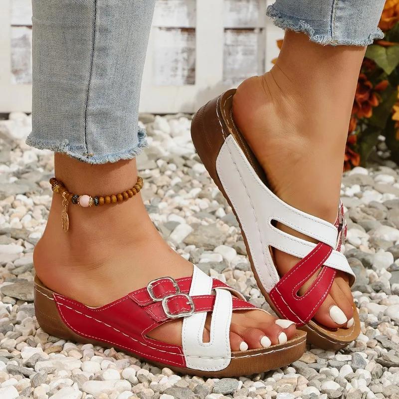 Fashion Shoes for Women 2025 New Plus Size Wedge Women's Sandals Summer Mixed Colors Sandals Women Anti-slip Leather Casual Shoes Ladies