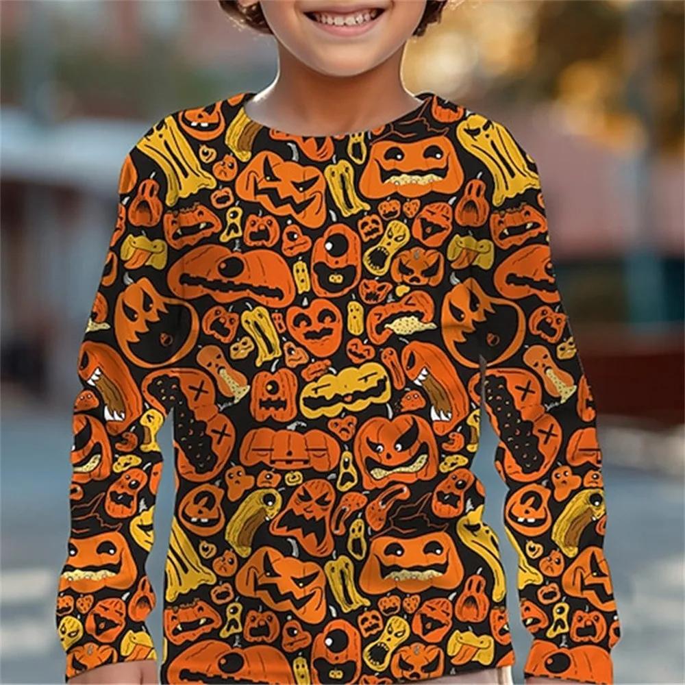 Spring and Autumn Round Neck 3D Halloween Printed Top Fashionable Casual Long Sleeved Children's Boy T-shirts