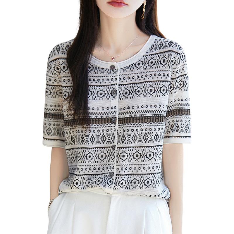 Women's Retro Jacquard Knit Cardigan - Spring/Summer, Round Neck, Long Sleeve, Loose Fit, Casual & Versatile.