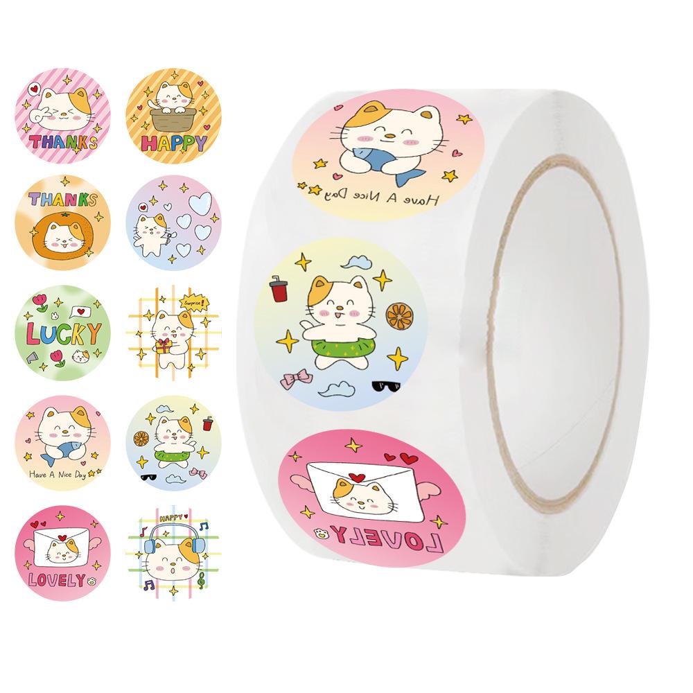 500 Pictures/roll Roll Stickers Tape Cute Kitten Handbook Material Decorative Envelope Seal Stickers