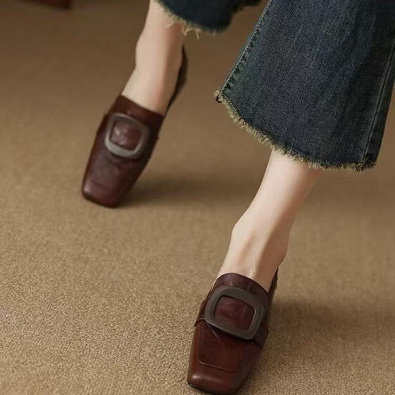 2025 Spring Women Loafers Square Toe Chunky Heel Women Shoes Genuine Shoes for Women Retro Square Button Women's Pumps
