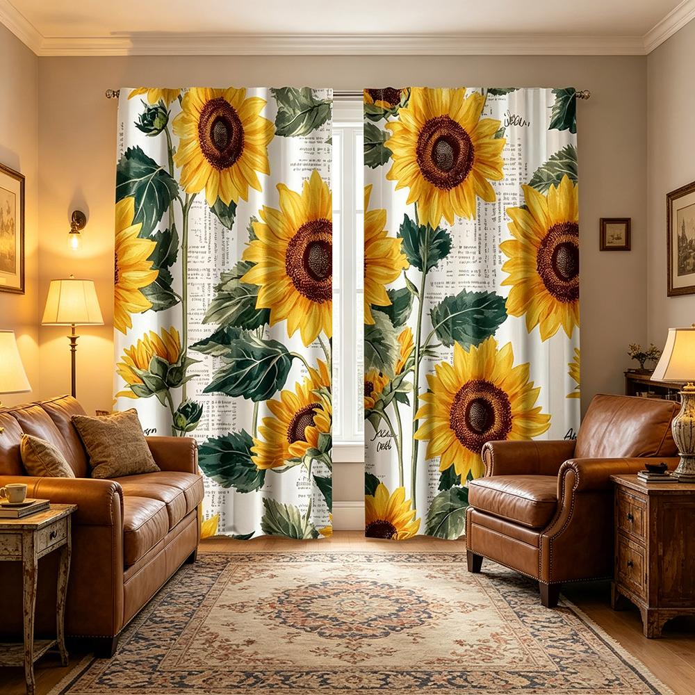 2PCS Digital Printed Curtains, Sunflower Newspaper Vintage Collage Art, Window Curtains for Living Room Bedroom Home Decoration