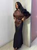 2025 Fall European & American Women's Round Neck Waist-Cinching Long Sleeve Top & Half Skirt Solid Color Set
