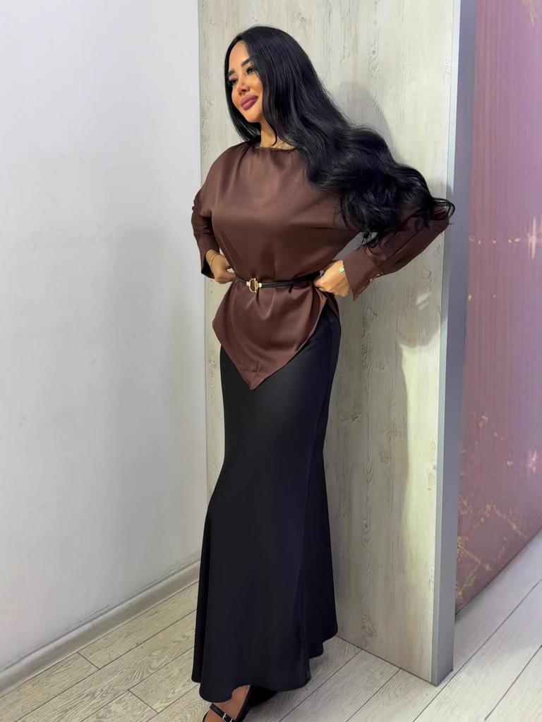 2025 Fall European & American Women's Round Neck Waist-Cinching Long Sleeve Top & Half Skirt Solid Color Set