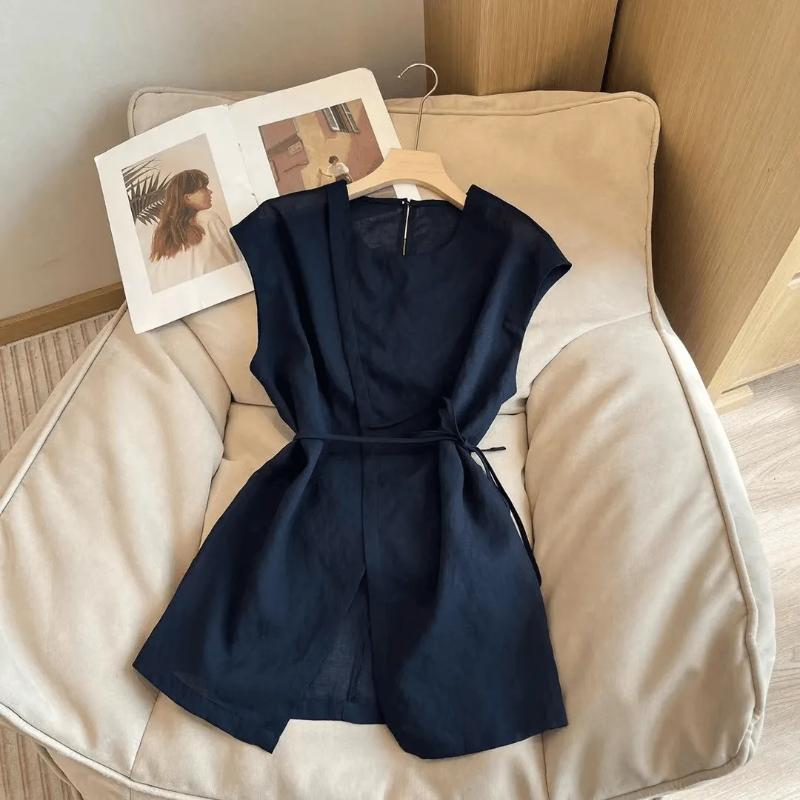 

Summer Women s Sleeveless Belted Blazer Casual Loose Solid Color Waistcoat M темно-синього кольору