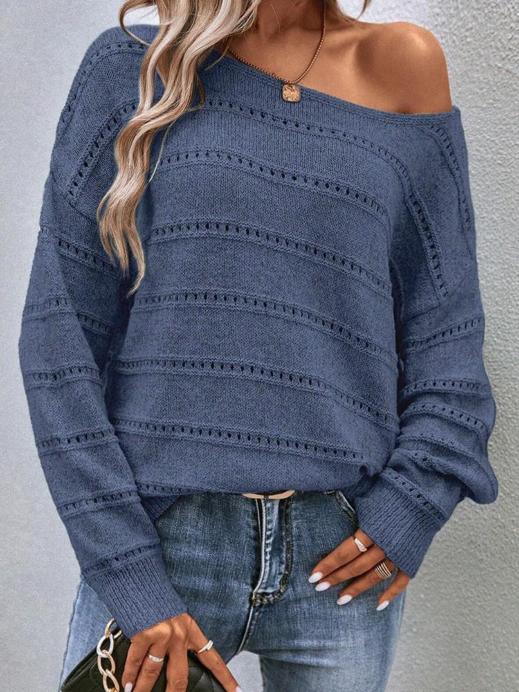 Autumn/Winter 2025 Women's Solid Color Hollow Out Drop Shoulder Sweater - Casual Loose Pullover Knitwear