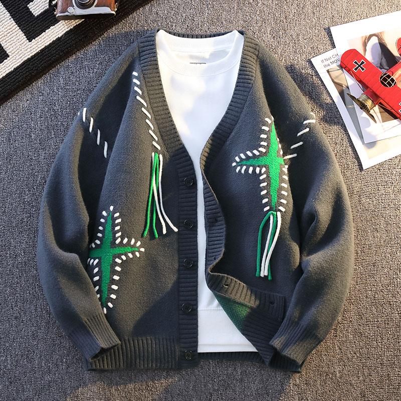 

Мужской кардиган на пуговицах с длинным рукавом и V-образным вырезом, осенне-зимний, вязаный, с геометрической вышивкой, модные топы L серый
