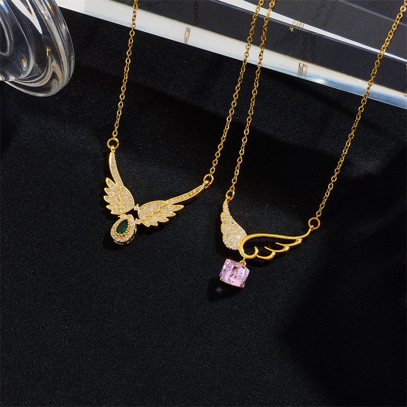 Trendy Shiny Zircon Angel Wings Choker Necklace Stainless Steel Chain Jewelry Gifts for Women Teen Girls