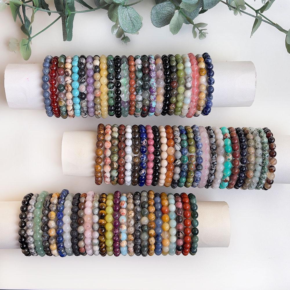 Natural Stone Beaded Bracelet 6-10mm Stretch Yoga Jewelry - Tiger Eye Turquoise Agate Jasper Healing Bangles for Women Men