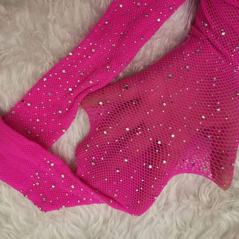 Modische Glänzende Netzstrumpfhosen Damen Schlank Strass Netz Nylon Strümpfe Strumpfhosen Fischernetz Diamant Strumpfhosen Damen One Size pink