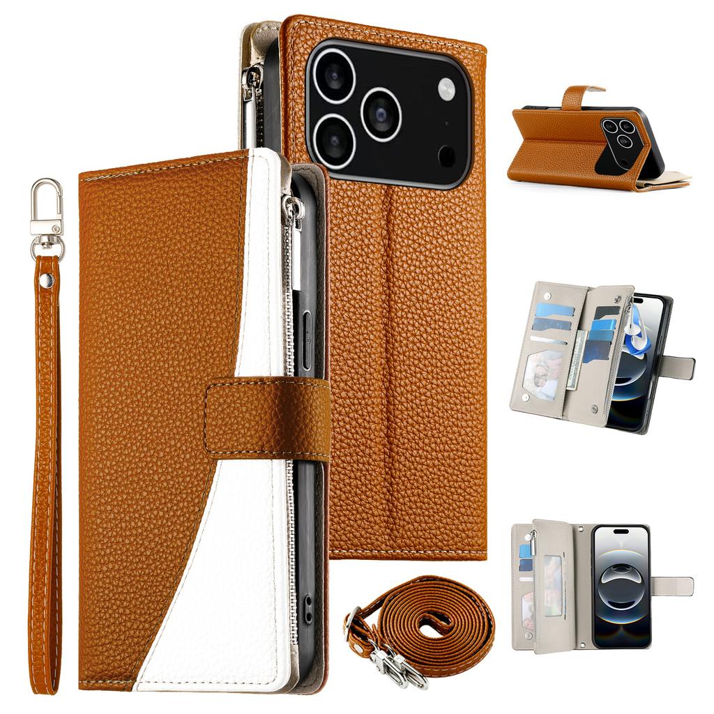 For iPhone 17 Pro Case Zipper Wallet Color Splicing Leather Flip Phone Cover with Straps