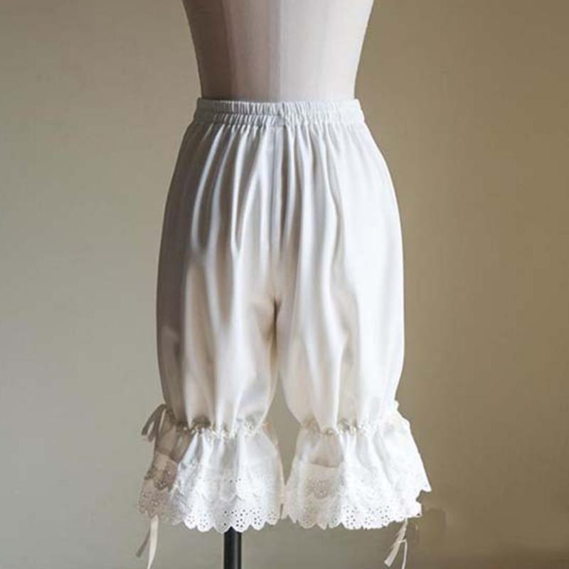 Vintage Solid Color Lantern Pants Bloomers Ruffles Lace Hem Bow Shorts Elastic Wasit Wide Leg Pant Elastic Bubble
