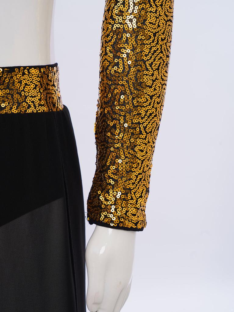 Girls Performance Dance Set Mock Neck Long Sleeve Sequins Crop Top Flowing Chiffon Wide Leg Dance Pants