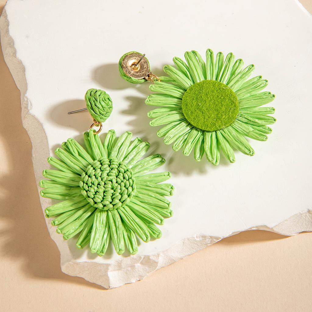 Tocona Bohemia Handmade Colorful Raffia Sunflower Dangle Earrings For Women Vintage Summer Vacation Beach Style Statement Jewelr