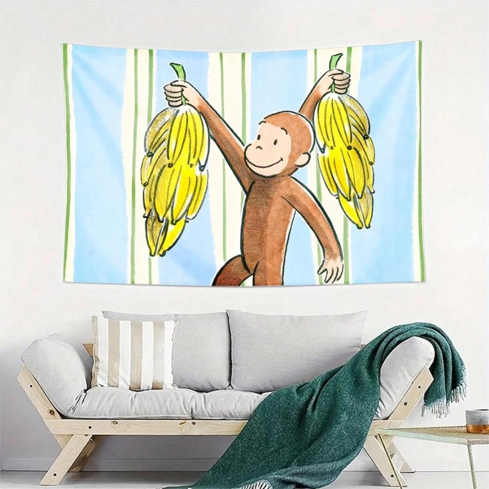 1pc Curious George Banana Polyester Tapestry 2D Print Wall Hanging for Bedroom Living Room Home Decor Cute Gift for Room Wall De