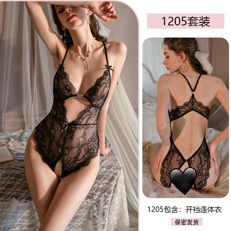 Original Sexy One-piece Women's Romantic Underwear Pure Desire Lace Seductive Open-crotch Uniform Pajama Set 1205