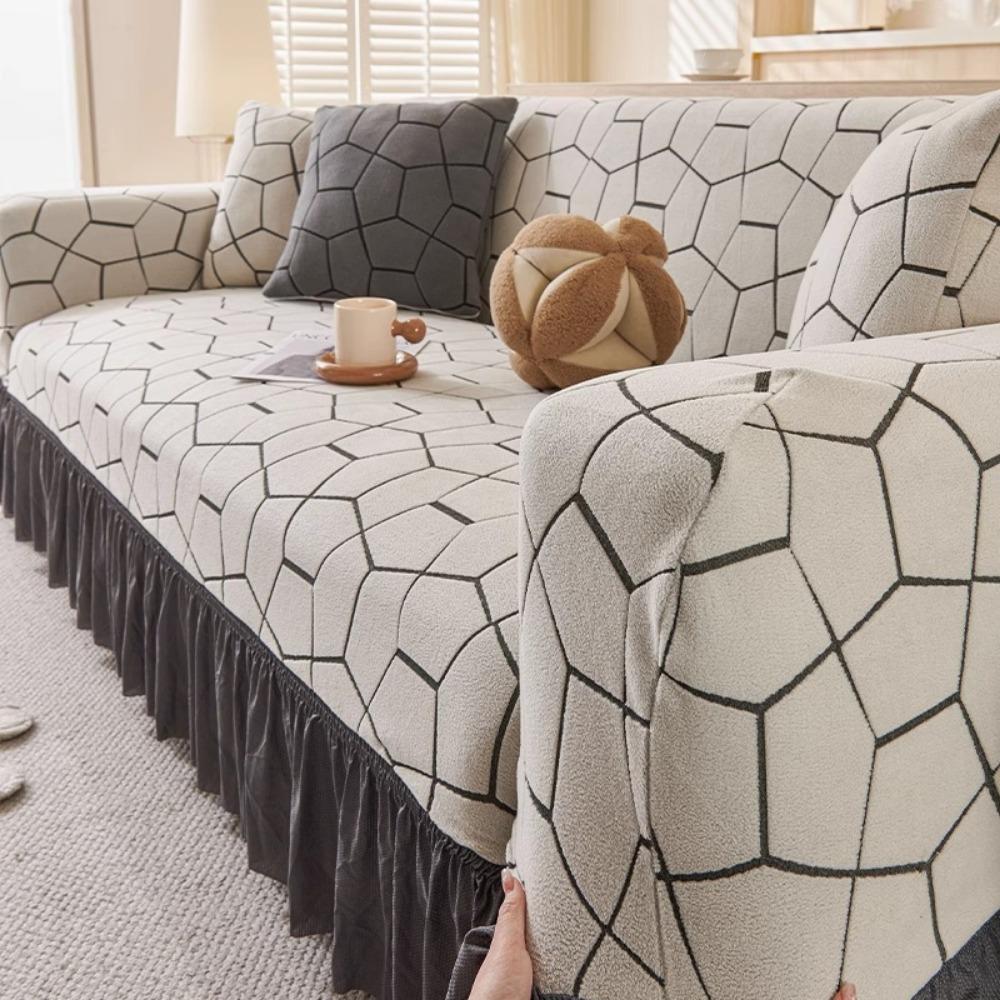 Jacquard Sofa Cover with Skirt Universal Full Coverage Stretch Slip Proof Fabric Couch Dust Protector
