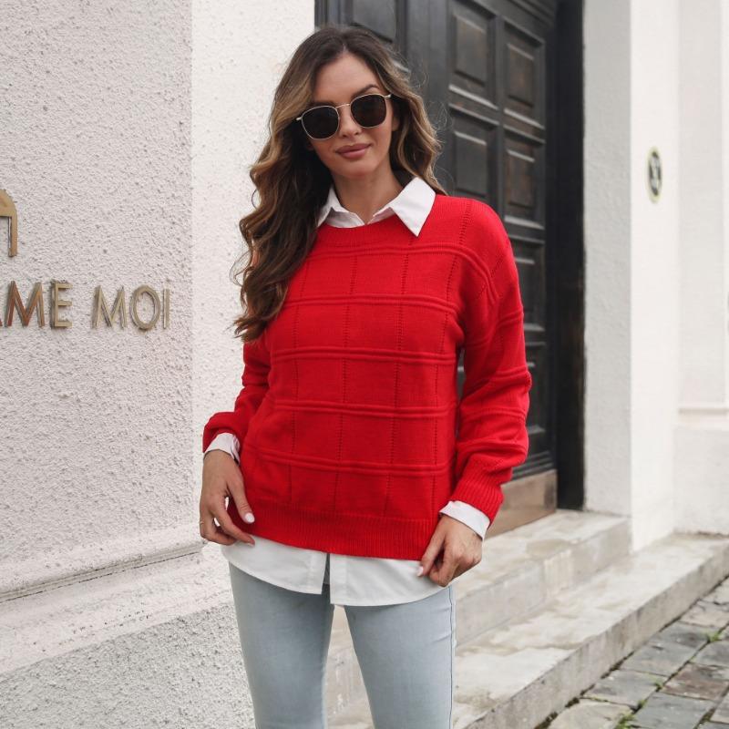 Women Loose Fit Long Sleeve Plaid Knit Sweater Autumn Winter