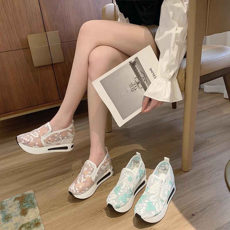 2024 Spring Women's Lace Mesh Slip-On High Heel Platform Shoes