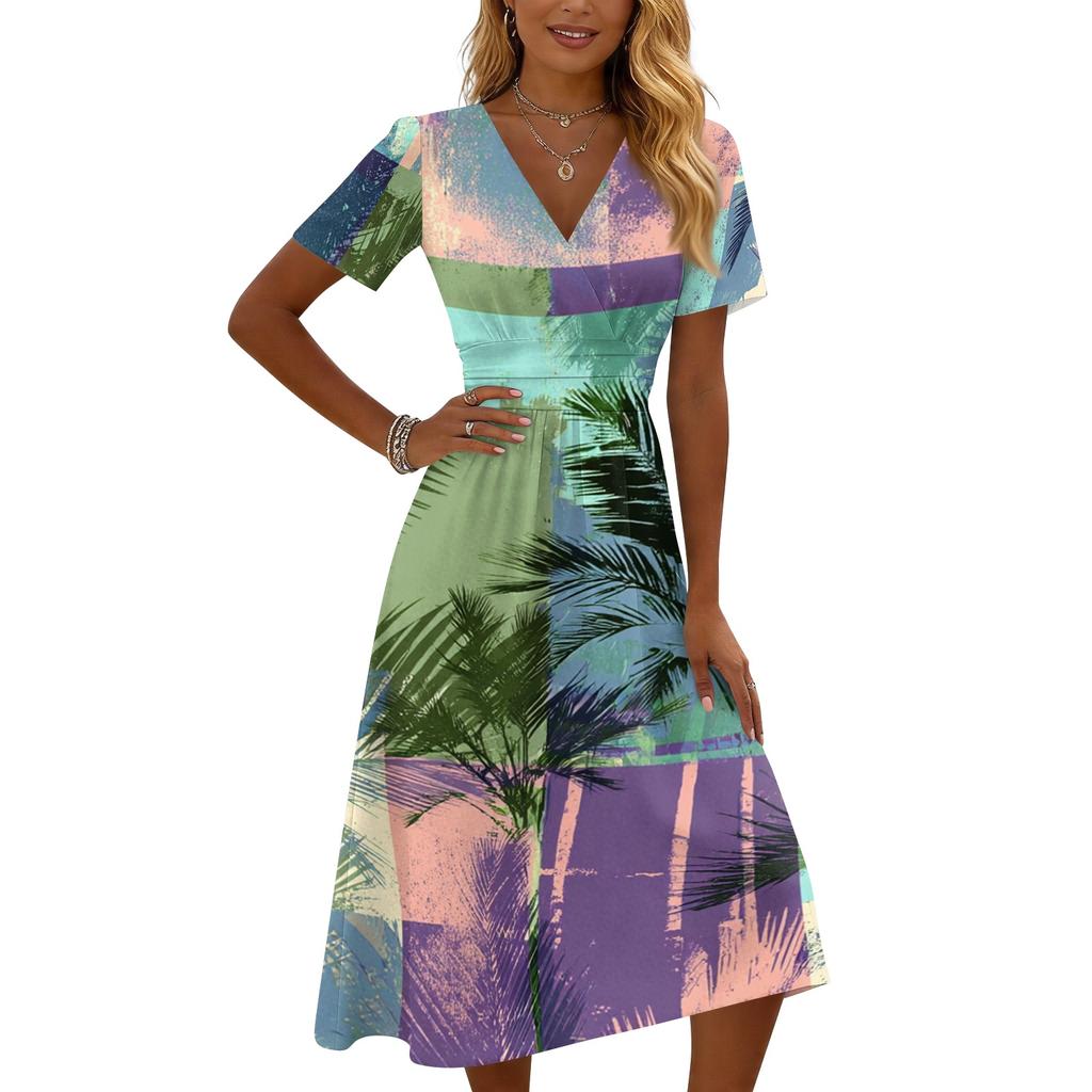 Women’s V Neck Short Sleeve Midi Dress with Tropical Landscape Print Lightweight Summer Casual Dress for Daily Wear