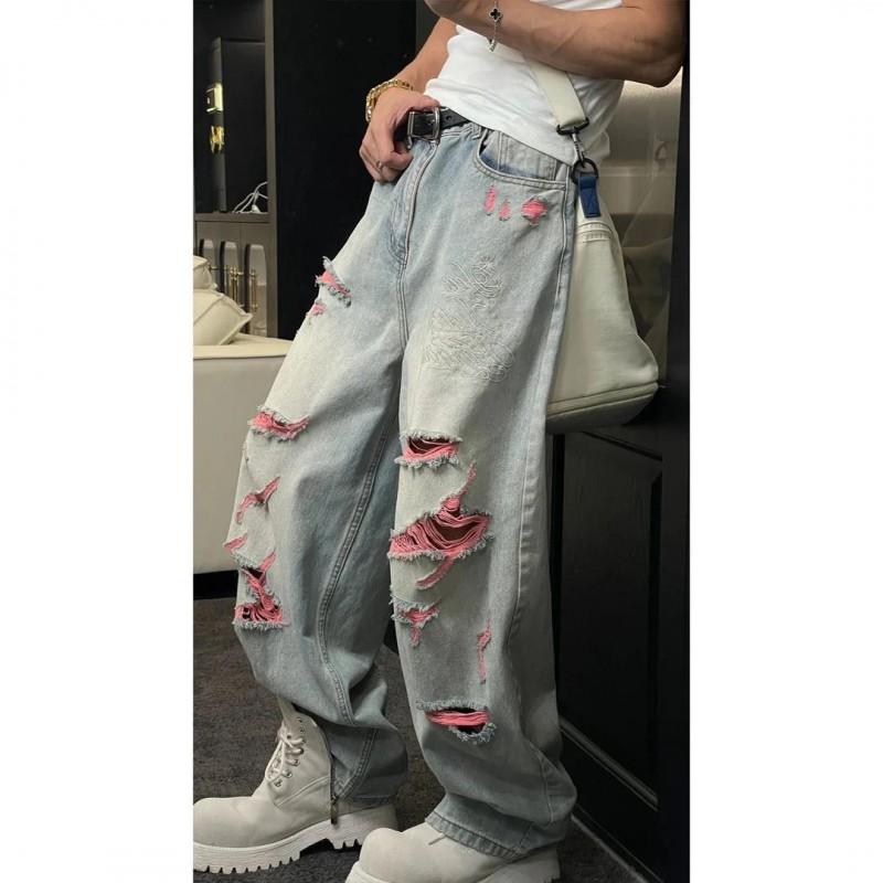 Jeans da uomo in denim strappato lavato, vestibilità larga, gamba dritta, pantaloni casual