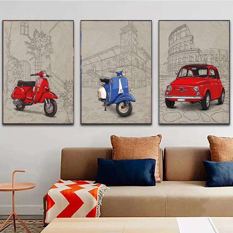 Italian Style Famous Building Background Fiat 500 Red Yellow Vespa Poster Print Wall Art Picture Canvas Painting Room Home Decor