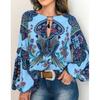 Spring and Autumn Women's Digital Print Round Neck Lantern Sleeve Shirt