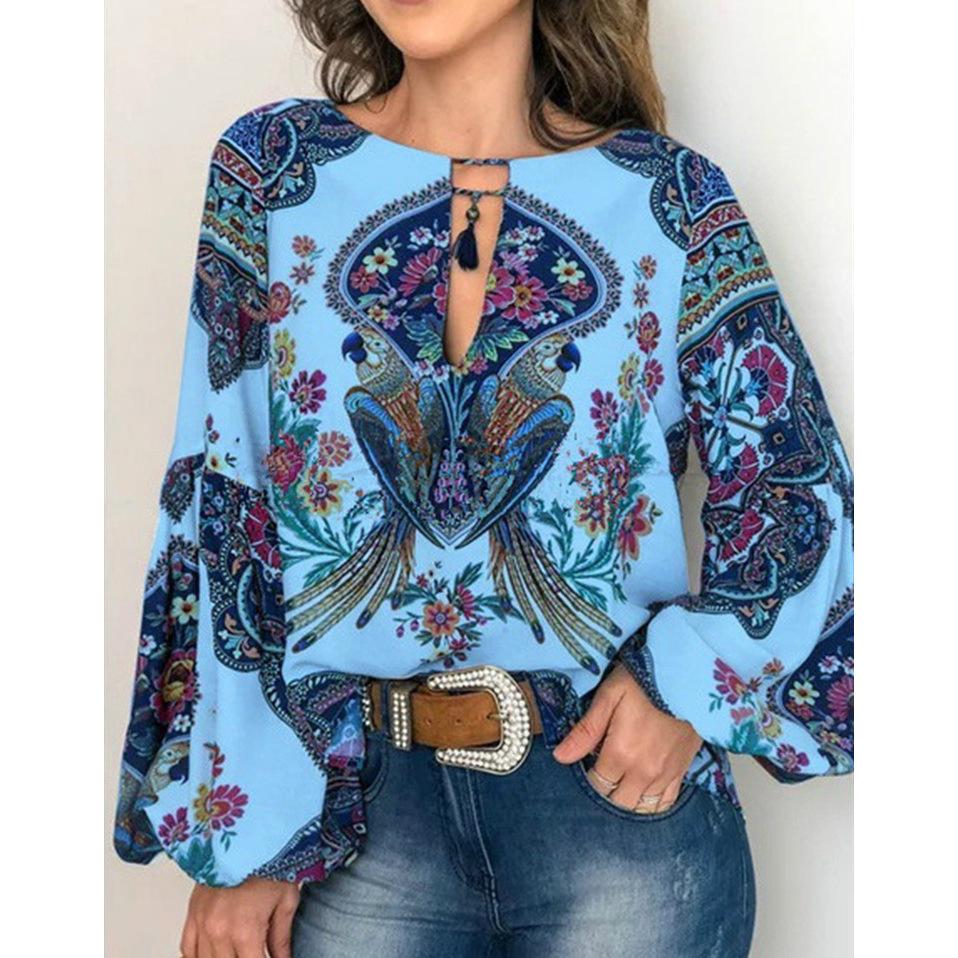 Spring and Autumn Women's Digital Print Round Neck Lantern Sleeve Shirt
