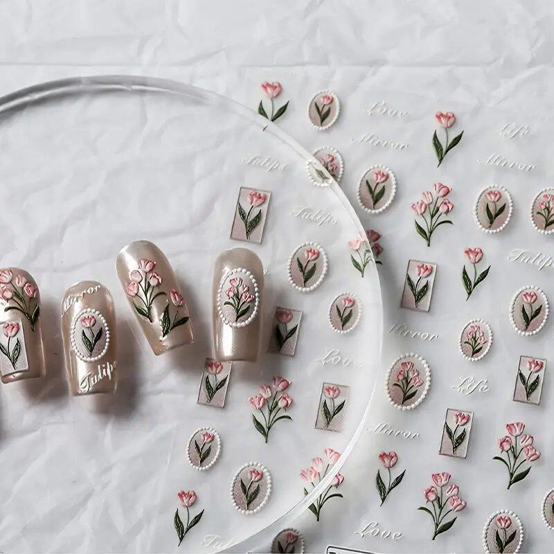 1piece 5Dcute tulip flower nail stickers high quality self-adhesive embossed nail art decals for girls decoration sticker