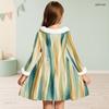 Girls Fur Trim High Neck Long Sleeve Watercolor Printed A Line Flared Dress With Waist Bow