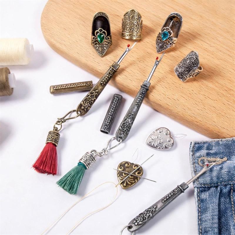 Retro Metal Seam Ripper With Magnetic Needle Threader And Thimble Finger Cover For Sewing Clothing Repair and Tailoring