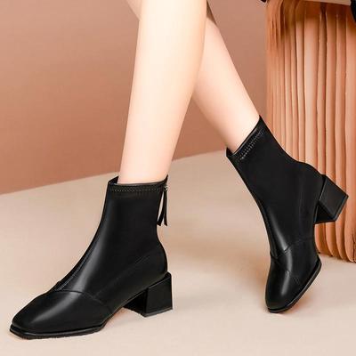 Winter Women's Boots  High Quality Fashion Square Toe Solid Color Short Tube Thick Heel Zipper Women's Fashion Boots