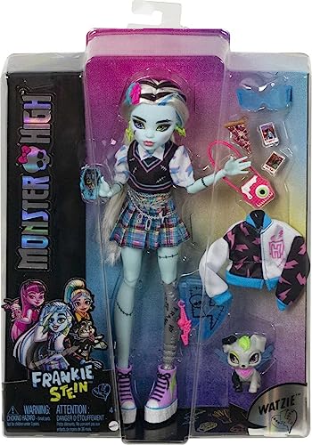 Monster High Panenka Frankie Stein s doplňky a mazlíčkem, kloubová módní panenka, černo-modře melírované vlasy, dětská hračka, od 3 let