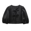 2025 Spring European & American Style Women's Satin Puff Sleeve Bow Top