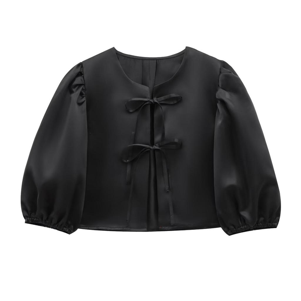2025 Spring European & American Style Women's Satin Puff Sleeve Bow Top