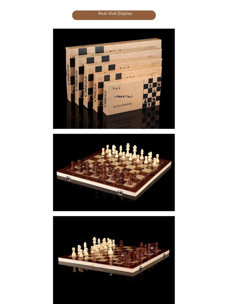 Set de joc pliabil din lemn 3-în-1 Șah, Cărți și Puzzle - Jucărie portabilă de strategie