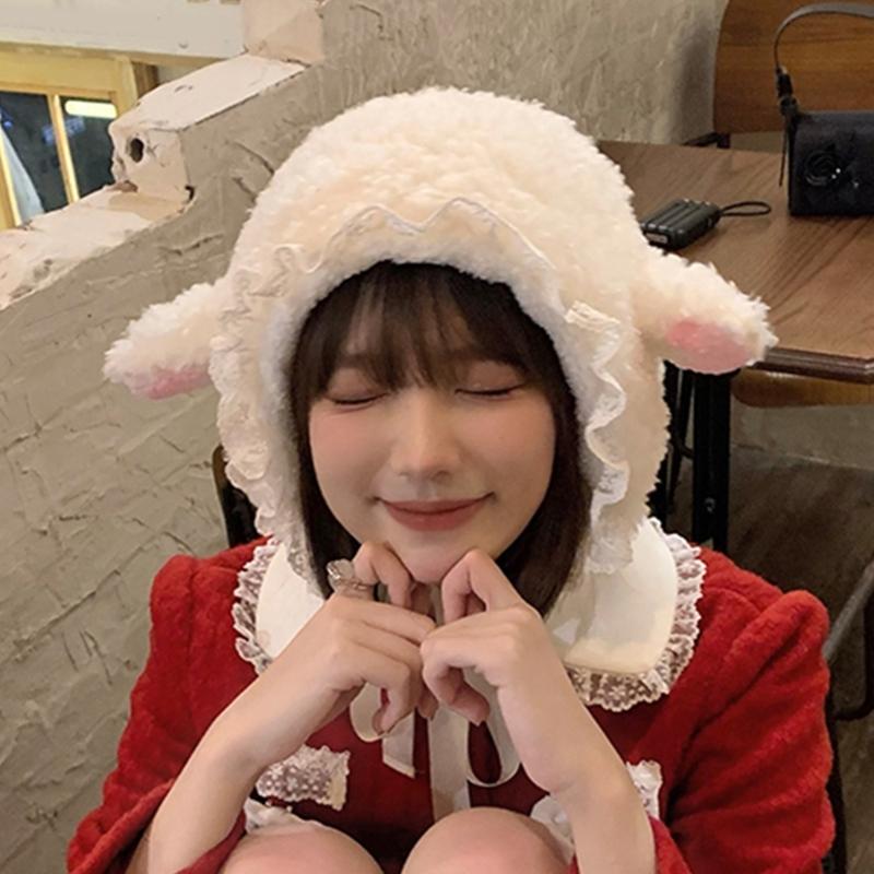 Furry Cartoon Head Cover with Ear for Outdoor Sports Furry Hat Bonnet Lamb Oversized Headgear Hat for Winter