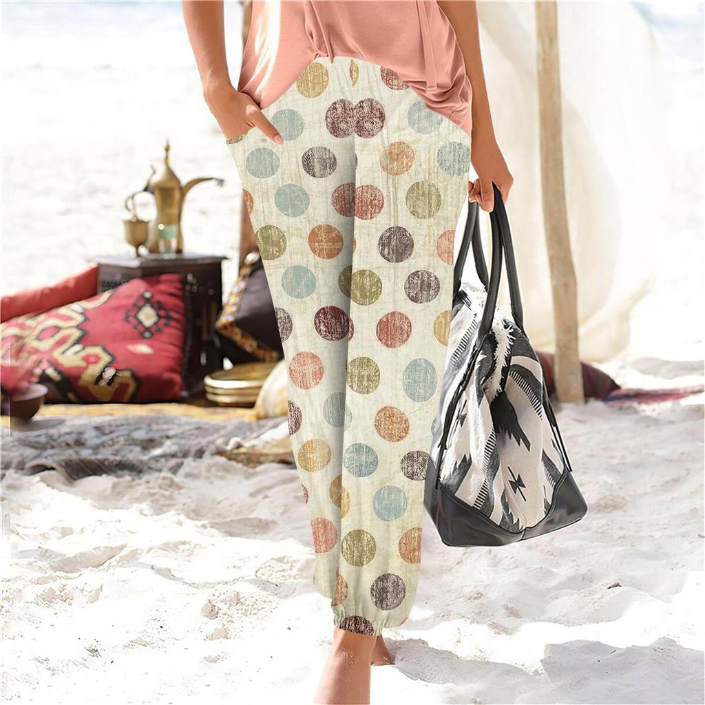 Damskie letnie spodnie z elastycznym pasem i luźnymi spodniami z szerokimi nogawkami