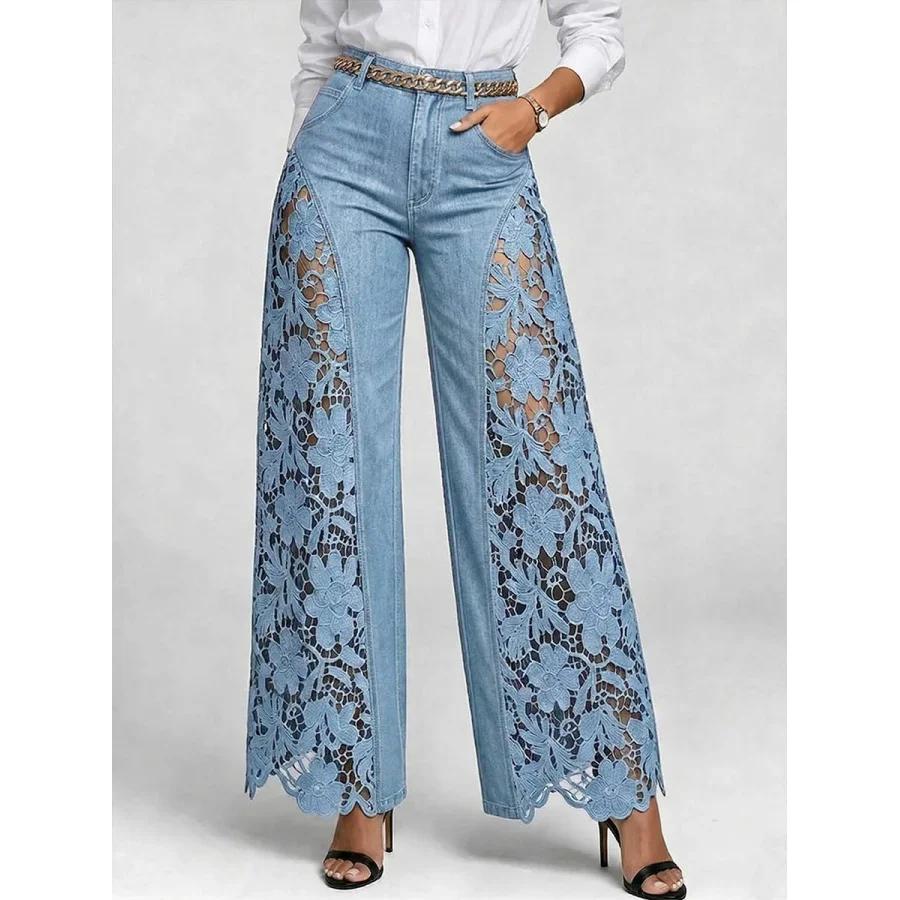 Lace Spliced Denim Pants Elegant Hollow Out Jeans Women Flower Embroidery High Waist Straight Loose Trousers Office Lady Pants