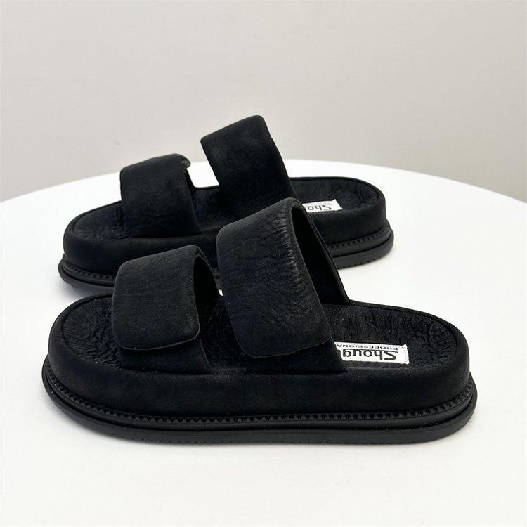 Leather Step On Shit Feeling Velcro Platform Bread Slippers Women's Wear 2025 Summer New Fashion Casual Beach Shoes