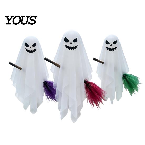 Weather Resistant Halloween Decor 3 Pcs Hanging Ghosts on Brooms, Spooky Flying Gauze Ghost Lighted Yard Sign with Broomstick for Tree, Porch,