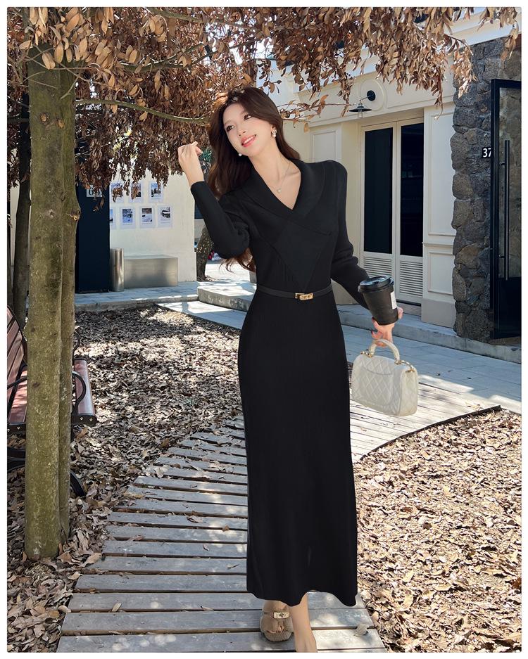 Elegant French Knit Bodycon Dress: Autumn/Winter Long Sleeve Wool with Lapel