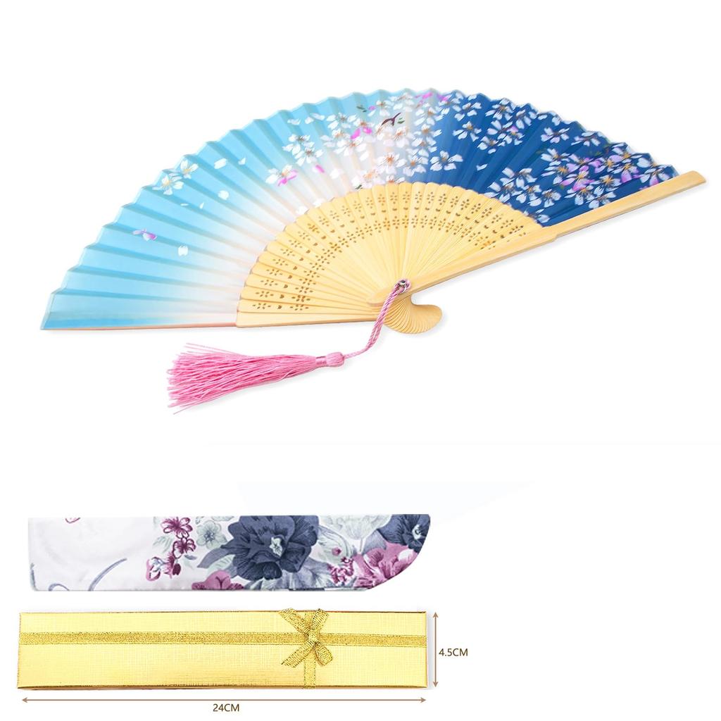 Faltfächer für Damen mit japanischem Seidenblumenmuster, perfekt für Feuerwerk. Inklusive Fächerbeutel und Geschenkverpackung mit blauer Kirschblüte.